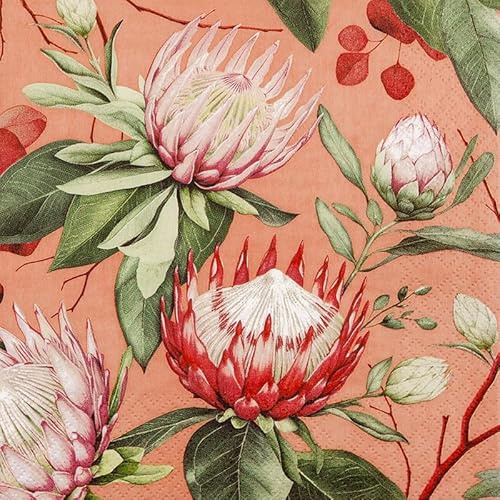 20 Servietten Natur Protea-Blüten lachs als Tischdeko. Papierservietten mit Motiv. Auch für Decoupage und Serviettentechnik 33x33cm