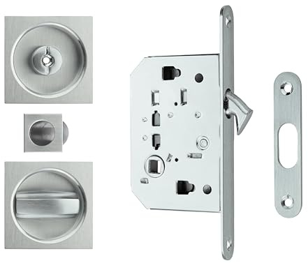 Kit Serratura per Porta Scorrevole Quadrata in Cromo Satinato – Completo di Maniglia, Ditale di Trascinamento e Viti – In Alluminio e Zama