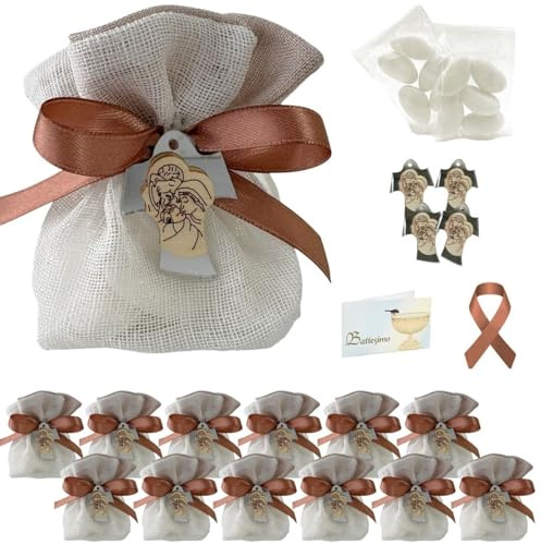 Doni Bomboniere Set Battesimo 12 Sacchettini in Bianco con Applicazione Argento e Legnetto Sacra Famiglia Bustine Confetti Bigliettini Personalizzabili Confettata Comunione Bimbo Bimba Fai da Te