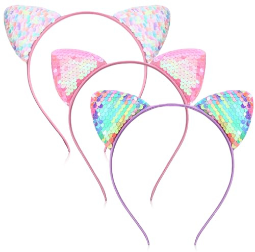 TIESOME 3Pcs Sequin Cat Ear Headbands, Glitter Sparkly Cat Hairbands