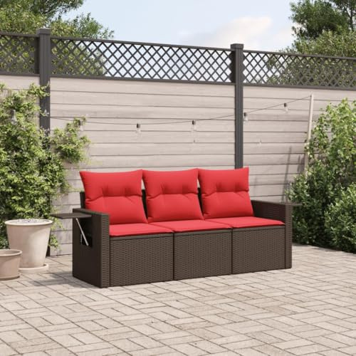 Bucmath 3-teiliges Gartensofa-Set, braun, Polyrattan, mit Kissen, klappbaren Beistelltischen, UV-beständig, für Garten Terrasse Balkon, langlebiges Outdoor-Möbel