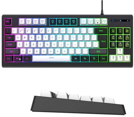 LICAEVEY Tastiera da Gioco Ergonomica Retroilluminata RGB, USB Compatta Cablata a 87 Tasti con 25 Tasti Anti-ghosting e 12 Scorciatoie Multimediali per Giochi e Digitazione su PC (bianco e nero)