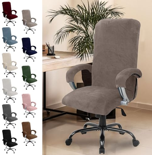 Chingcoo Samt Bürostuhl Bezug, Bürostuhl Überzug mit Armlehne, Sitzbezug Hohe Lehne Sitzbezug, Gaming Stuhl, Stuhlhussen Bezug Sessel Überzug, Elastische Hussen (Graubeige)