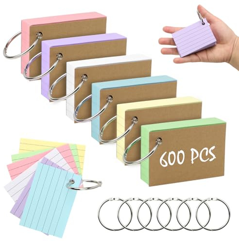 Tarjetas A8 a rayas, 600 tarjetas educativas a rayas, con encuadernación de fuerza y anillo, tarjetas de índice de vocabulario, coloridas tarjetas para aprender vocabulario en inglés, escuela, oficina