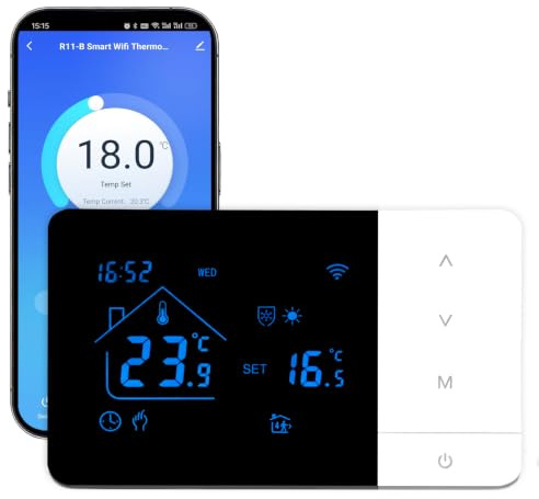Thermostat Chaudière Gaz à Pile WiFi Thermostats D'ambiance Programmable 3A | Thermostate Intelligent Numérique Murale Refroidissement/Chauffage Compatible avec Google Home Alexa Tuya,Luminosité Réglable