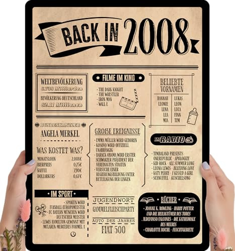 Elbeffekt Holzbild: Alte Zeitung - Geschenk Geburtstag - personalisierbar zum Hinstellen/Aufhängen optional beleuchtet, Geburtstags Geschenke - persönliches Geschenk… (18 Geburtstag - 2008)