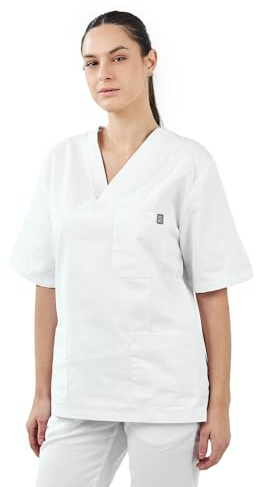 MYLOOKPRO - Tunique Professionnelle Blanche Unisexe – Blouse Médicale Manches Courtes Polycoton – Col V – 3 Poches Pratiques – Tenue Infirmier, Esthétique, Laboratoire