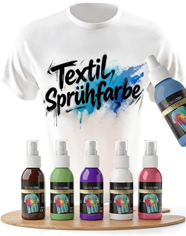 CreaTek Textilfarbe Spray 6x100 ml Creative, Textilfarbe waschmaschinenfest | Textil Sprühfarbe Set 6x100 ml, Stoffmalfarben waschfest bis 40 Grad, fixierbar mit Bügeleisen, inkl. 4 Ersatzdüsen