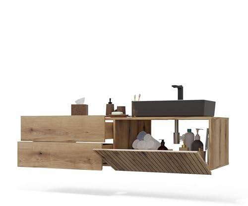 ARREDO DA CASA Mobile Bagno Sospeso 140 cm, Mobile Lavabo per Bagno Moderno, Anta a Ribalta Cannettata, 2 Cassetti Soft Close, per Lavabo d’Appoggio, Rovere Antico MLBT3