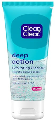 Clean & Clear Deep Action Exfoliating Facial Cleanser, Scrub & Face Wash, Pro-Vitamin B5, Lactic & Glycolic Acids, Oil-Free Gentle Daily Exfoliator for Soft, Smooth, Hydrated Skin, Vegan, 7 Fl Oz Tube