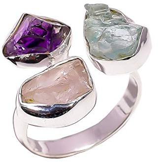 Anello regolabile in argento Sterling 925, con gemme naturali grezze di ametista, quarzo rosa e acquamarina, gioielli da donna RSR3044, Pietra