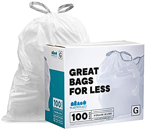 Plasticplace Custom Fit Bin Bags, Compatible with simplehuman Code G (100 Count) White Drawstring Bin Liners 8 Gallon / 30 Liters, 17.5 x 28
