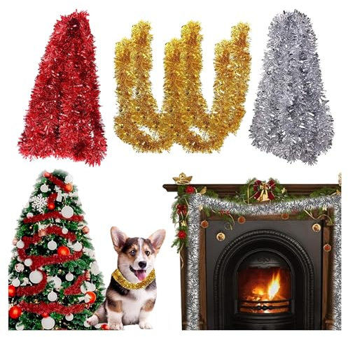 Xiuyer 30m Guirnalda Oropel Navidad Chunky Espumillón Rojo Plata Oro Oropeles Navidad Guirnalda Adornos Decoraciones para Techo Navidad