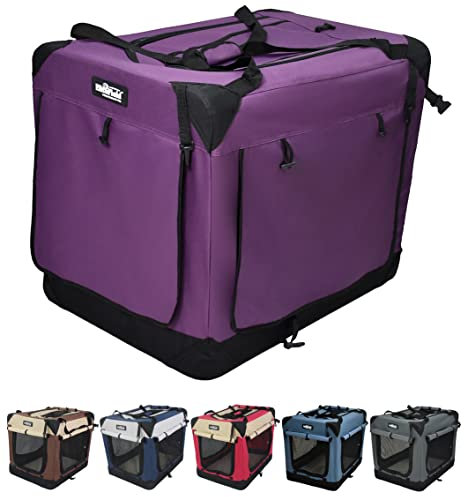 EliteField Hundebox mit 4 Türen, faltbar, weich, mit Vorhängen, Tragetasche und Fleece-Bett, für drinnen und draußen, 61 cm L x 45,7 cm B x 53,3 cm H, Violett + 4 Türvorhänge
