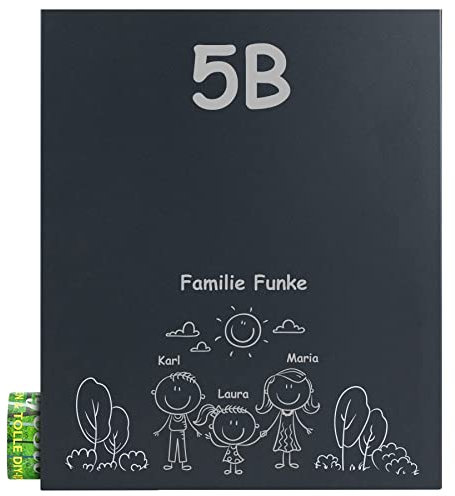 Briefkasten mit Zeitungsrolle MOCAVI Box 111 anthrazit-grau mit lustigem Motiv Familie groß Name und Hausnummer Postkasten, rostfrei, Wand-Briefkasten mit Zeitungsfach, deutsche Markenqualität NF14a