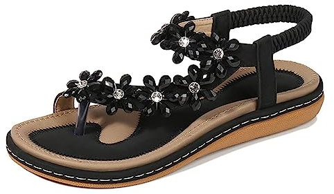 Amissz Damen Sommer Sandalen Bohemian Strass Flach Sandaletten Sommer Strand Schuhe Damen Zehentrenner Stil 2 Schwarz 42 EU