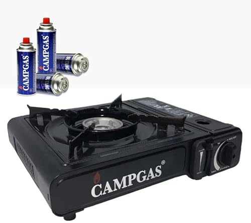 Réchaud à Gaz Camping Universel Gaz Portable Camp Bistro Chauffage d'appoint 1 Flamme avec Mallette de Transport Allumage Piézo Électronique et Flamme Réglable + 4 cartouches de Gaz