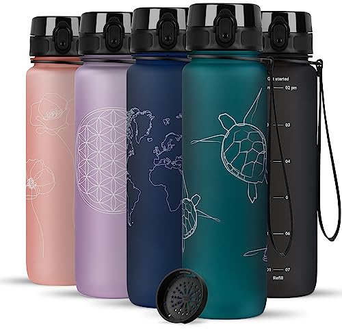 720°DGREE Trinkflasche 1l mit Motivationsskala “uberBottle“ +Sieb - BPA-Frei - Wasserflasche für Uni, Sport, Fitness, Fahrrad, Outdoor - Sportflasche aus Tritan - Leicht, Bruchsicher, Nachhaltig