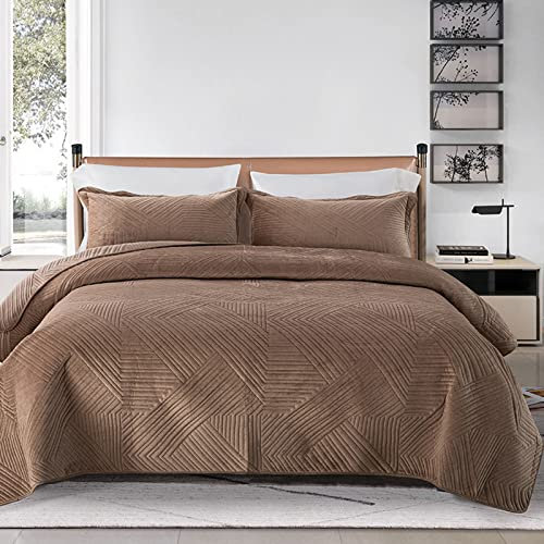 XIUWOUG Couvre Lit 2 Personnes 220X240cm, Couverture Patchwork, Boutis Couvre-Lit Matelassé en Microfibre, Dessus De Lits Et Couvre-Lits De Luxe avec 2 Taies d'oreiller,café,240x250