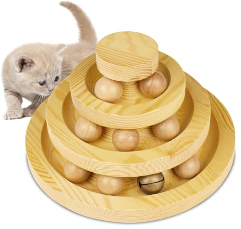 EasyStar Cat Toys for Indoor Cats, Wooden Cat Ball Toy with Three Layer Track, Interactive Cat Toy with Bell, Safe and Robust, Indoor Cat Toys for Stimulation, Suitable for Cats Adult or Kitten