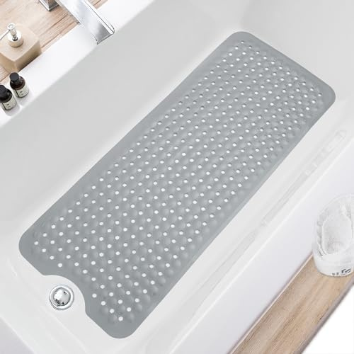 TEESHLY Bath Tub and Shower Mats, Non Slip 40 x 16 Inch Extra Large Bathtub Mat, Machine Washable Bathmat with Drain Holes, Suction Cups for Bathroom Floor (Grey)