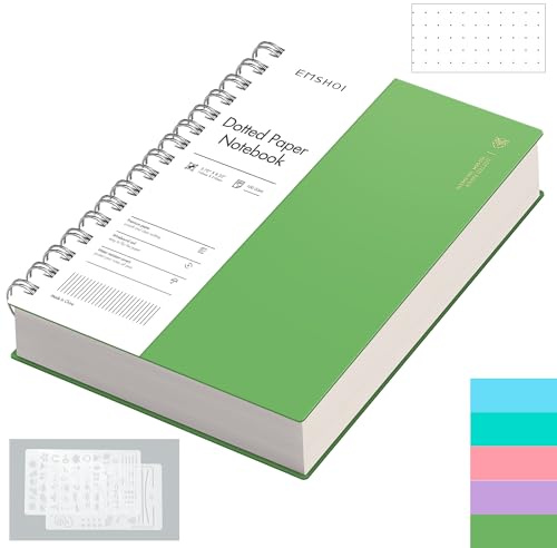 EMSHOI Spiral Dotted Notebook, Dot Grid Journal, 5.7x8.22 A5 Size, 300 Pages/150 Sheets 100gsm Thick Paper, Waterproof Hardcover for Office, School, Work, Writing, Journaling (Green)