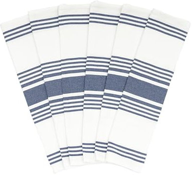 Blue White Kitchen Towels - 6 Pack, 100% Cotton, 30x20, Absorbent, Durable, Lint-Free Indigo Blue Stripes Cotton Tea Towels with Hanging Loop - Washable and Quick-Dry Dish Cloths (6 Pack)