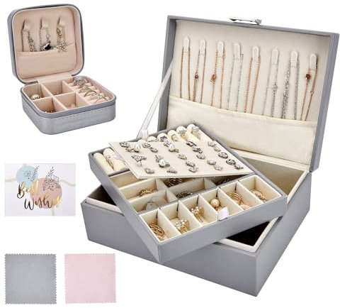 Flamesio Schmuckkästchen Organizer für Damen - 2 Pack Schmuckaufbewahrung Schmuckkasten Reise Klein, PU-Leder Schmuckkästchen Mädchen Geschenke für Frauen Ohrringe Ring Armband Halskette (Grau)