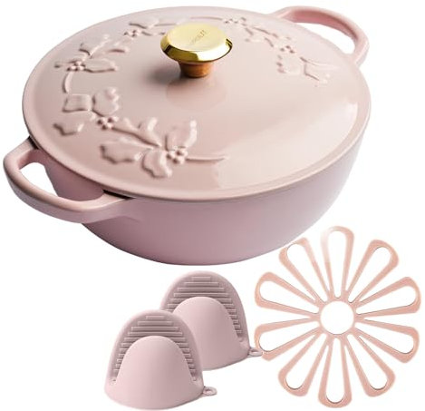 N/A Cazuela de hierro fundido 2.8L Cazuela de alta resistencia Horno holandés de calentamiento de 360 ° con tapa y dos asas, acabado esmaltado de porcelana, regalo familiar,Rosado