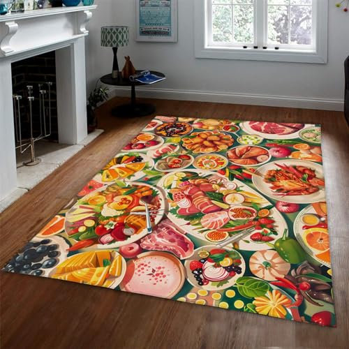 CIHCOHOME Lustige Cartoon Food Teppiche Rutschfester waschbarer Teppich für Küche Büro Bauernhaus Wäsche Leckerer Obst- und Fleischteppich für Wohnzimmer 90x120cm