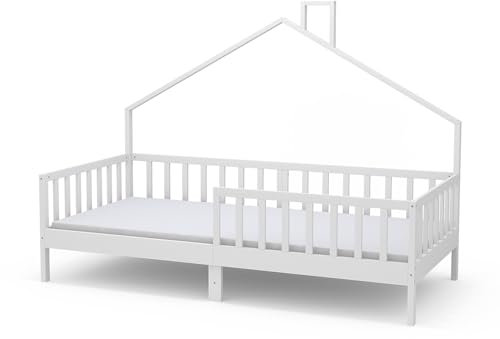 VitaliSpa Hausbett 90x200 cm Justus mit Matratze - Weiß 208x155x97 cm aus MDF - Bett ideal fürs Kinderzimmer, wie EIN kleines Zuhause – für eine warme Atmosphäre