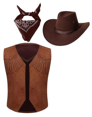 Mufeng Jungen Cowboy Kostüm Set Wilder Westen Weste + Cowboy Hut + Bandanna Cowgirl Cosplay Bühnenauftritte Verkleidung Braun 170-176
