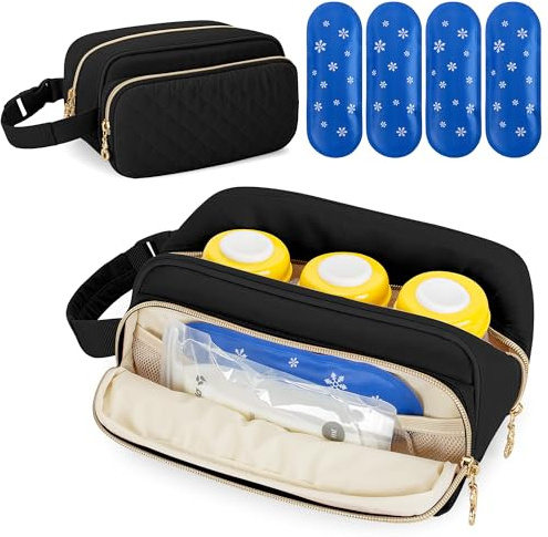 Damero Borsa Termica per Latte Materno con 4 Pacchetti di Ghiaccio, Borsa Termica per Biberon di Latte Materno per Biberon da Viaggio per Madre Che Allatta, Nero