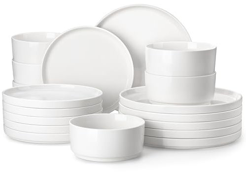 MALACASA Servizio di Piatti in Porcellana per 6 Persone, Set di Piatti 18 Pezzi con Piatti Piani ∅ 26 cm, Piatti da Dessert ∅ 21 cm e Ciotole per Zuppa da 760 ml, Bianco, Serie LEAH