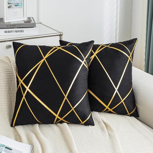 Kiatuniya Kissenbezug 50 x 50 cm Schwarzer Sofakissen Herbst Kissenbezüg mit Gold Geometrie Linie Kissenhülle Modernes Dekokissen Samt Zierkissen 2er Set für Schlafzimmer Couch Sofa Bett