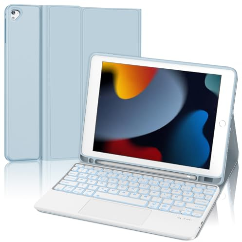 WINCHKING Trackpad Teclado para iPad 9/8/7 Generación 10.2/Air 3/Pro 10.5” | Iluminación de 7 Colores, Magnético Bluetooth Teclado Funda para iPad 10.2 2021/2020/2019, QWERTY Español Ñ, Azul