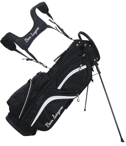 Ben Sayers DLX Deluxe golfstativ för män | lätt med vadderat korsryggsstöd och dubbel axelrem | 14-vägs klubbavdelare i full längd och vattentäta fickor (svart/vit)