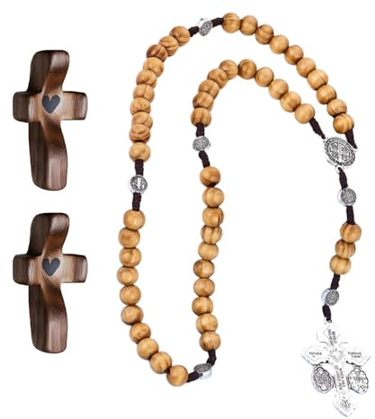 TOEECY Crucifijo Madera Nogal Curvo Artesanal Corazón Grabado Rosario Cuentas Olivo Decoración Religiosa Tradicional