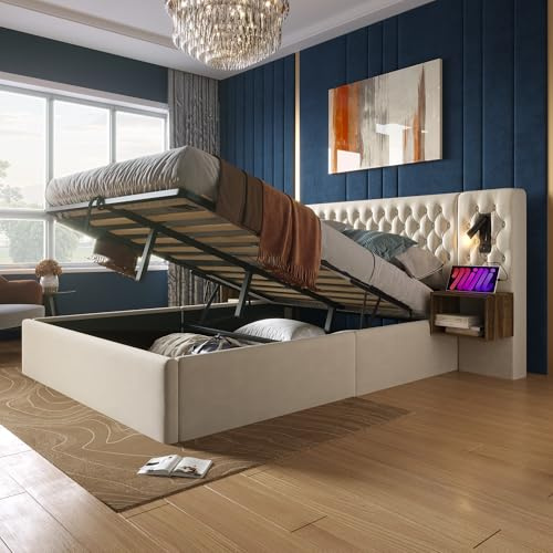 Kebnor Juego completo de dormitorio acolchado hidráulico de matrimonio con 2 mesitas de noche, cabecero con función de carga USB, terciopelo (sin colchón) (Beige, 180 x 200 cm)
