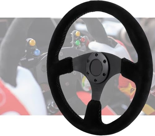 UPALDHOU Volante per le Corse Sport Fuote di Sterzo Prestazioni Ruota Sterzo 350mm 14 Pollici in Pelle Scamosciata Nera con Cuciture Nere per Auto Alla Deriva a 6 Bulloni