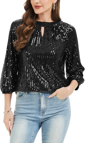 Kyzoeyou Women's Sequin Top 3/4 Sleeve Keyhole Neck Blouse Tunic Party Night Out Top(Black Medium)
