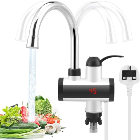 Electric Tap with Instantaneous Water Heater, 3300W Electric Tap with Flexible Spout and LCD Temperature Display, 360º Swivelling Stainless Steel Hot and Cold Water Tap for The Kitchen