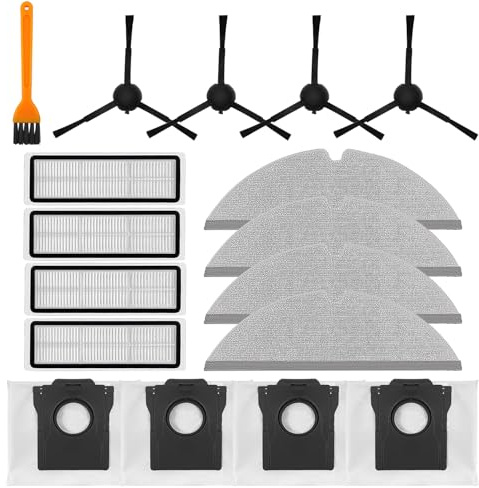 Kit d'accessoires de rechange compatible avec aspirateur robot DREAME D20 Plus, accessoires pièces de rechange, comprend 4 brosses latérales + 4 filtres HEPA + 4 chiffons + 4 sacs à poussière