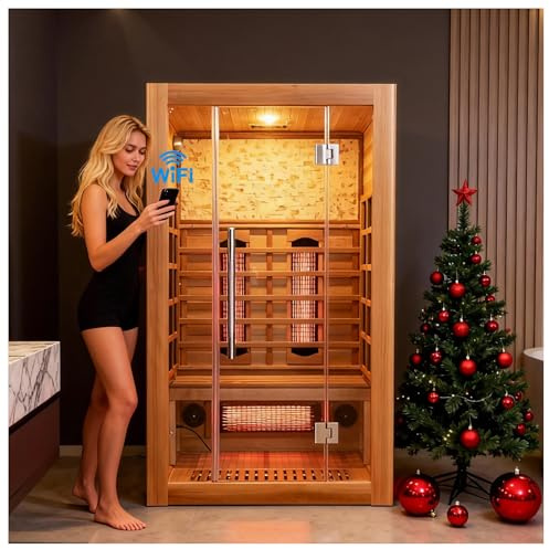 AMOCANE Sauna infrarouge avec contrôle WiFi, saunas d'intérieur en bois de pruche canadien pour 2 personnes avec lumière 7 couleurs, barre d'oxygène, haut-parleur, dossier, 1800 W/220 V, sauna