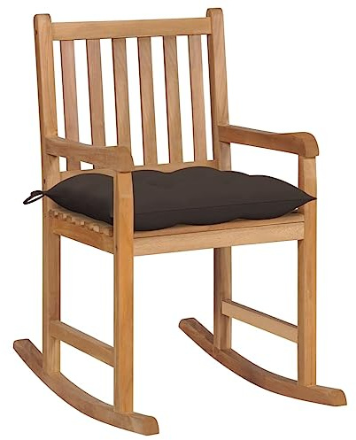 Mecedora de Teca Maciza con Cojín, Silla Mecedora de Jardín Exterior con Estructura Resistente, Diseño Ergonómico y Listones de Madera, Sillón Balancín para Terraza o Interior,Topo, 58x92.5x106 cm