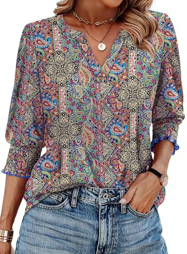 Aokosor 3/4 Sleeve Tops for Women UK V Neck T Shirts Summer Casual Blouses Size 18-20 Purple Print