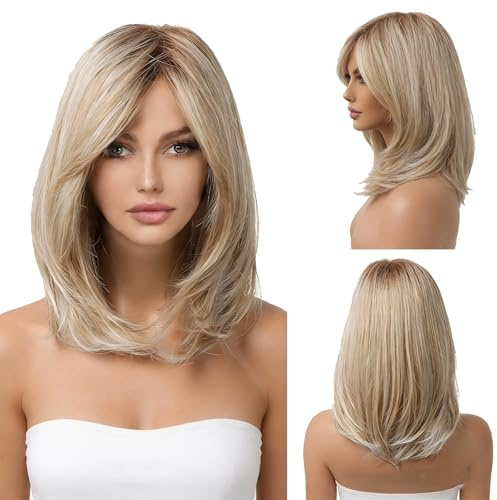 KOSLEOW Blond peruk för kvinnor, 40 cm, mi-lång, naturlig syntetfiber och justerbar huva, medium blond peruk för daglig användning och cosplay