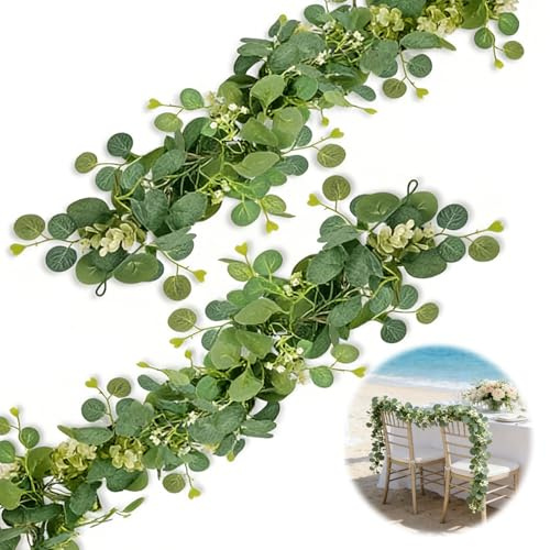 YAEGIMHT 2 Stück Girlande Eukalyptus Deko Eukalyptus Girlande 2m Künstliche Girlande Pflanze Grüne Blätter sind mit weißen Blüten Gesprenkelt Blumengirlande Künstlich für Hochzeitsdeko Tisch