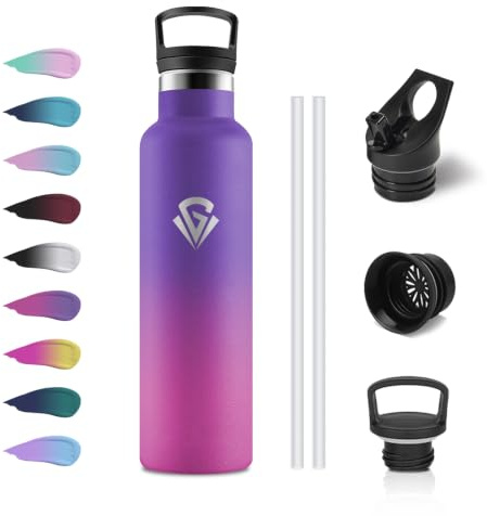 JAPORIA Botella Agua Acero Inoxidable 750ml, Botella Agua con Pajita, sin BPA, a Prueba de Fugas, Reutilizable, Cantimplora Acero Inoxidable para Escuela, Ciclismo, Campamento, Oficina, Viaje