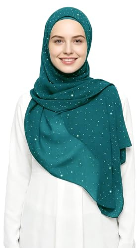 Lina & Lily Hijab Sciarpa Chiffon Donna Musulmana con Brillantini Dorati 72 x 190cm (Blu Smeraldo)